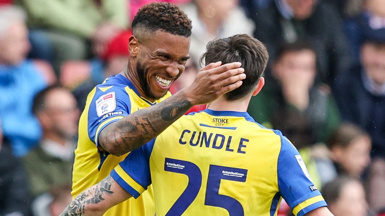 Tyrese Campbell celebrates with team-mate Luke Cundle after scoring for Stoke at Southampton