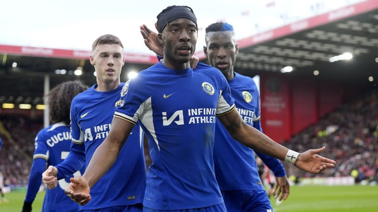 Chelsea's Noni Madueke celebrates scoring their second goal of the game