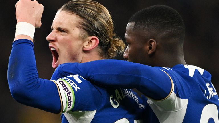 Conor Gallagher celebrates his late equaliser at Aston Villa