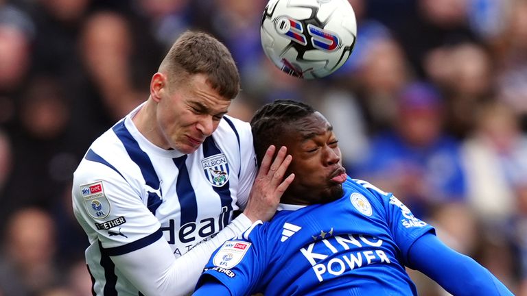West Bromwich Albion's Conor Townsend and Leicester City's Abdul Fatawu (right) battle for the ball
