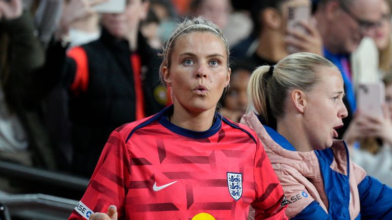 England's Rachel Daly waits for the start of the Euro 2025 group A3 qualifying soccer match between England and Sweden at the Wembley stadium in London, Friday, April 5, 2024. (AP Photo/Dave Shopland)


