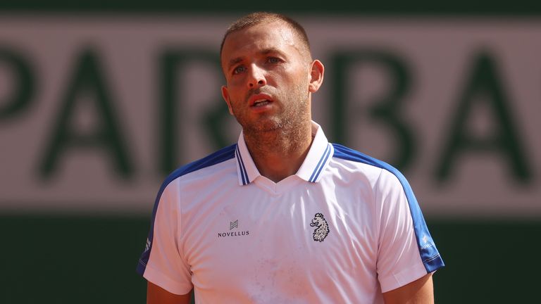 Dan Evans of Great Britain reacts against Sebastian Ofner of Austria during the Men's Singles First Round match on day two of the Rolex Monte-Carlo Masters at Monte-Carlo Country Club on April 08, 2024 in Monte-Carlo, Monaco. (Photo by Julian Finney/Getty Images)