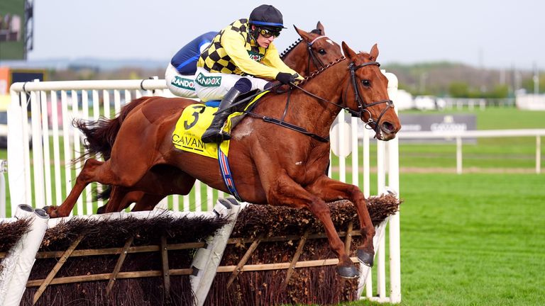 Dancing City ridden by jockey Paul Townend on their way to winning Sefton Novices' Hurdle 