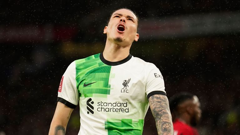 Liverpool's Darwin Nunez reacts after a missed chance iduring the FA Cup quarterfinal soccer match between Manchester United and Liverpool at the Old Trafford stadium in Manchester, England, Sunday, March 17, 2024. (AP Photo/Dave Thompson)