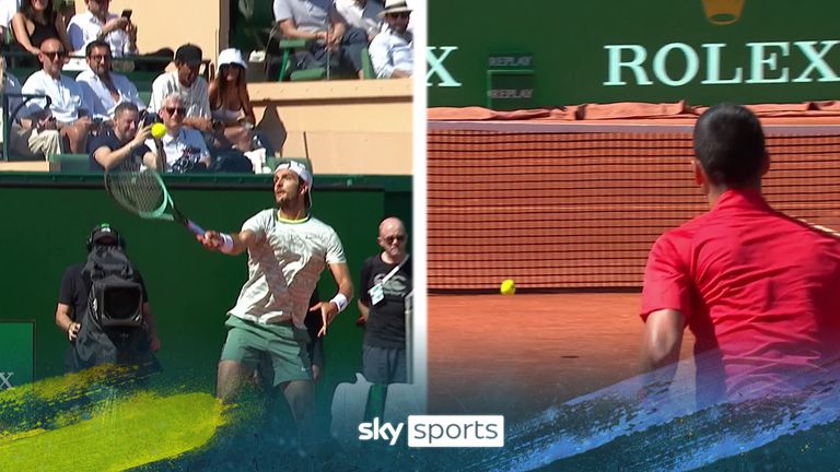 Lorenzo Musetti produces a wonderful drop shot against Novak Djokovic as he makes an impressive start to the first set in Monte Carlo! 