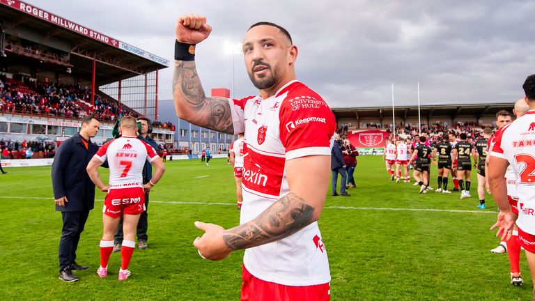 Picture by Allan McKenzie/SWpix.com - 13/04/2024 - Rugby League - Betfred Challenge Cup Quarter Final - Hull KR v Leigh Leopards - Sewell Group Craven Park, Hull, England - Hull KR's Elliot Minchella celebrates to the crowd after victory over Leigh.