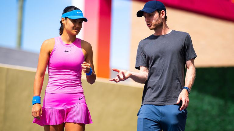 Emma Raducanu of Great Britain talks to coach Nick Cavaday before playing against Aryna Sabalenka in the third round on Day 9 of the BNP Paribas Open at Indian Wells Tennis Garden on March 11, 2024 in Indian Wells, California (Photo by Robert Prange/Getty Images)