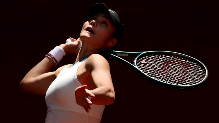 Emma Raducanu of Great Britain serves in her match against Maria Lourdes Carle of Argentina on Day Two of the Mutua Madrid Open at La Caja Magica on April 24, 2024 in Madrid, Spain. (Photo by Clive Brunskill/Getty Images)