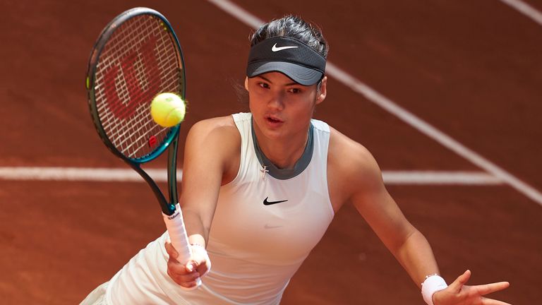Emma Raducanu of Great Britain plays a forehand against Maria Lourdes Carle of Argentina on Day Two of the Mutua Madrid Open at La Caja Magica on April 24, 2024 in Madrid, Spain. (Photo by Mateo Villalba/Getty Images)