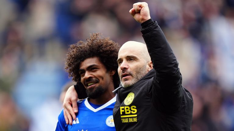 Leicester City manager Enzo Maresca with Hamza Choudhury following the 2-1 win over West Brom