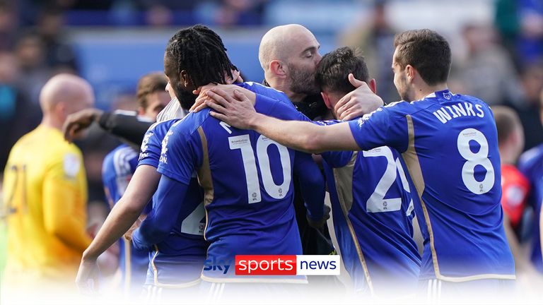 Leicester City manager Enzo Maresca (centre) kisses Leicester City&#39;s Yunus Akgun after the Sky Bet Championship match at King Power Stadium, Leicester. Picture date: Saturday April 6, 2024.