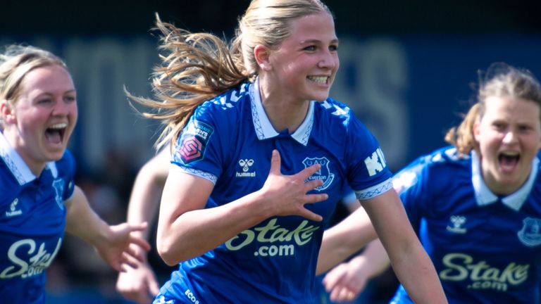 LIVERPOOL, ENGLAND - APRIL 28: Issy Hobson of Everton celebrates scoring her teams first goal during the Barclays Women's Super League match between Everton FC and Arsenal FC at Walton Hall Park on April 28, 2024 in Liverpool, England