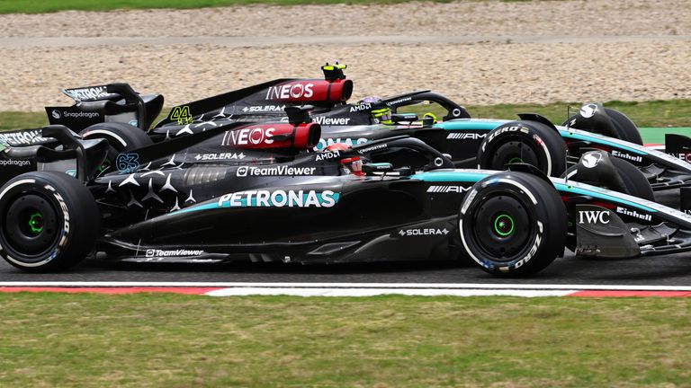 SHANGHAI INTERNATIONAL CIRCUIT, CHINA - APRIL 19: George Russell, Mercedes F1 W15, leads Sir Lewis Hamilton, Mercedes F1 W15 during the Chinese GP at Shanghai International Circuit on Friday April 19, 2024 in Shanghai, China. (Photo by Mark Sutton / Sutton Images)