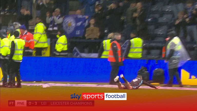 Jamie Vardy couldn&#39;t resist pulling off a &#34;Klinsmann&#34; diving celebration after Leicester&#39;s 3-0 triumph over Preston saw them crowned champions of the Championship.