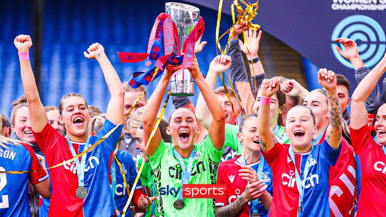 Crystal Palace goalkeeper Fran Kitching celebrates by lifting the Women&#39;s Championship Trophy after the Barclays Women&#39;s Championship match at Selhurst Park, London. Picture date: Sunday April 28, 2024