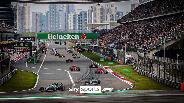 FILE - Drivers prepare for the start of the Chinese Formula One Grand Prix at the Shanghai International Circuit, Sunday, April 14, 2019, in Shanghai, China. Formula One confirmed Friday, Dec. 2, 2022 that the Chinese Grand Prix will not take place in 2023, making it the fourth year in a row the race has been canceled because of the coronavirus pandemic. (AP Photo/Ng Han Guan, File)