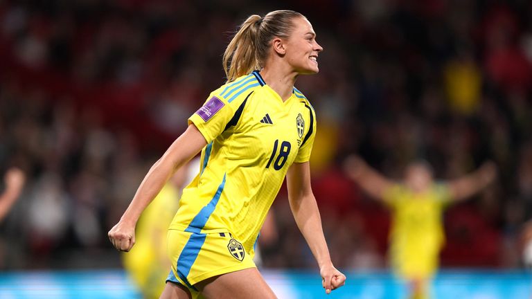 Sweden's Fridolina Rolfo celebrates after equalising against England