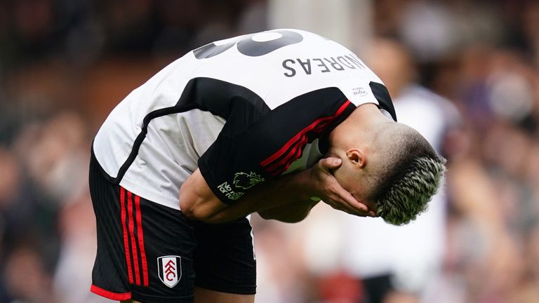 Fulham's Andreas Pereira rues a missed chance during the Premier League match at Craven Cottage, London. Picture date: Saturday April 6, 2024.