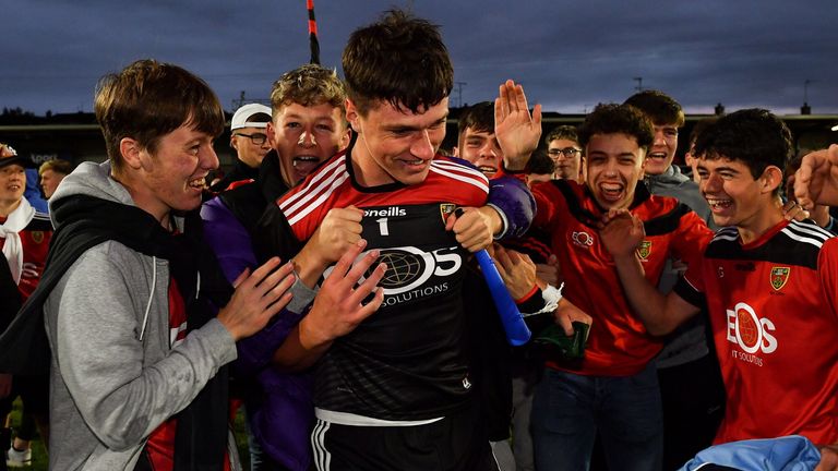 Down goalkeeper Charlie Smyth celebrates with supporters after his side's victory during the EirGrid Ulster GAA Football U20 Championship Final match between Down and Monaghan