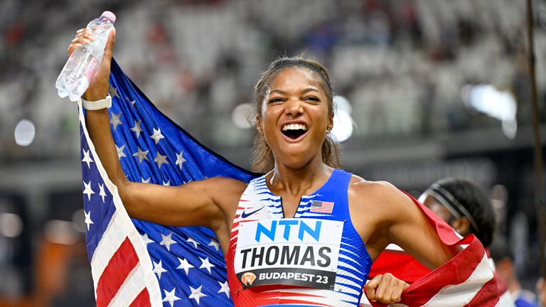 Gabrielle Thomas, of the United States celebrates after their gold medal win in the Women's 4x100-meters relay final during the World Athletics Championships in Budapest, Hungary, Saturday, Aug. 26, 2023.(AP Photo/Denes Erdos)