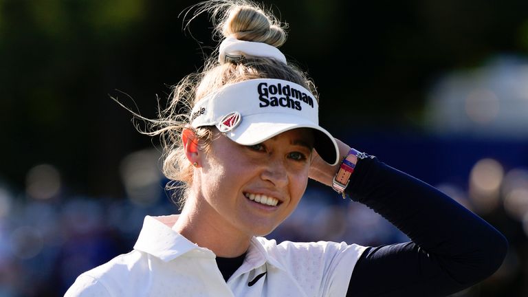 Nelly Korda smiles after winning the Chevron Championship LPGA golf tournament Sunday, April 21, 2024, at The Club at Carlton Woods in The Woodlands, Texas. (AP Photo/David J. Phillip)