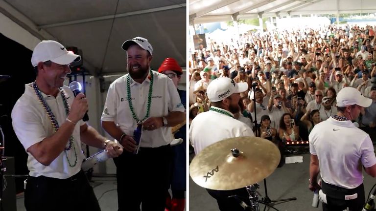 Rory McIlroy and Shane Lowry singing after Zurich Classic win.