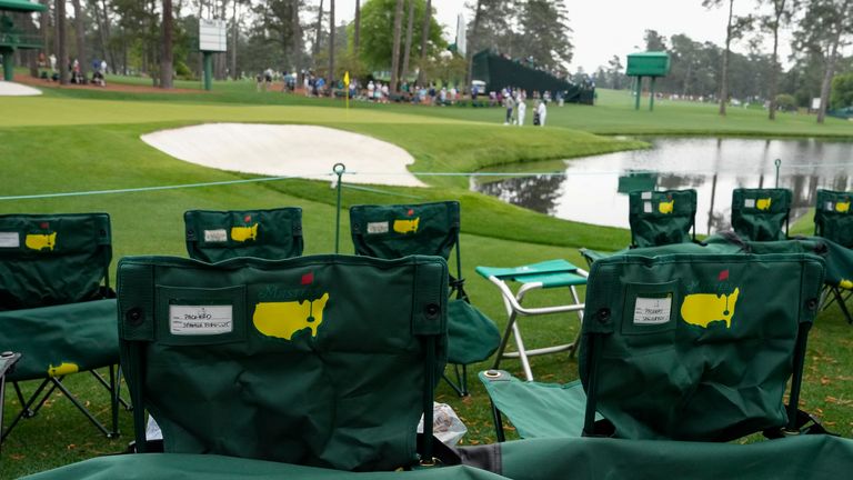 Chairs sit of the 16th green during a practice for the Masters golf tournament at Augusta National Golf Club, Monday, April 3, 2023, in Augusta, Ga. (AP Photo/Mark Baker)