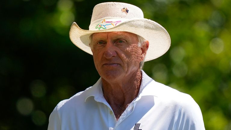 Greg Norman watches on the fourth hole during second round at the Masters golf tournament at Augusta National Golf Club Friday, April 12, 2024, in Augusta, Ga. (AP Photo/Matt Slocum)