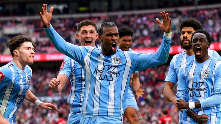 Haji Wright (centre left) celebrates after bringing Coventry City level at 3-3 from the penalty spot
