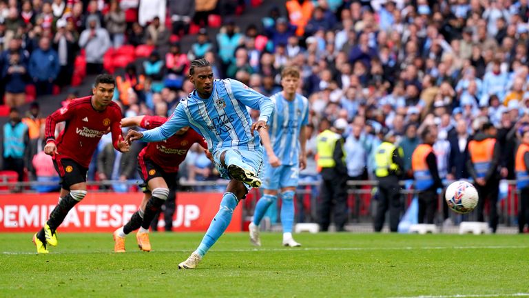 Coventry City's Haji Wright scores their side's third goal of the game from the penalty spot