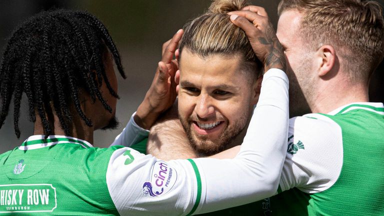PERTH, SCOTLAND - APRIL 27: Hibernian's Emiliano Marcondes celebrates scoring to make it 1-0 during a cinch Premiership match between St Johnstone and Hibernian at McDiarmid Park, on April 27, 2024, in Perth, Scotland.  (Photo by Alan Harvey / SNS Group)