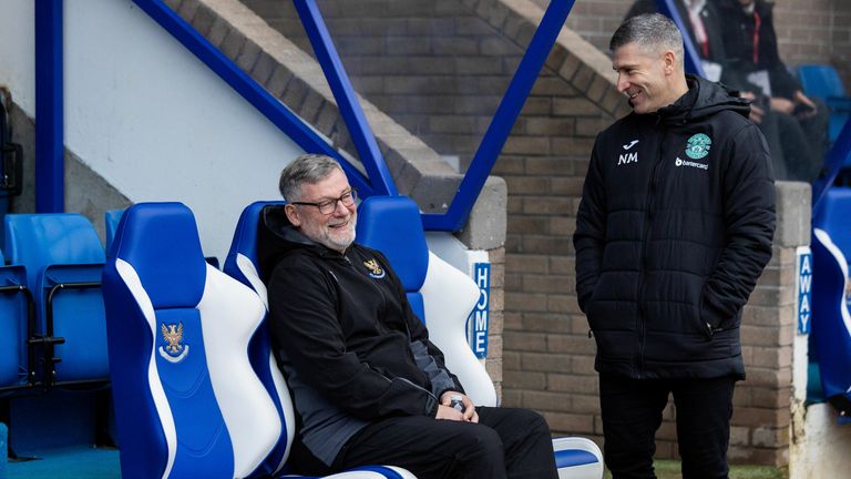 PERTH, SCOTLAND - DECEMBER 16: St Johnstone manager Craig Levein (l) and Hibernian manager Nick Montgomery before a thrilling Premiership match between St Johnstone and Hibernian at McDiarmid Park on December 16, 2023 in Perth, Scotland.  (Photo by Roddy Scott / SNS Group)