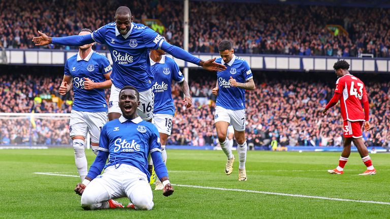 Idrissa Gueye of Everton celebrates after scoring a goal to make it 1-0