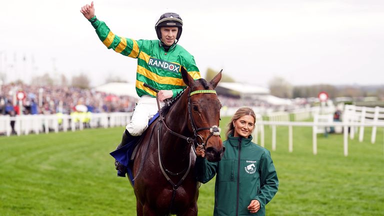 Inothewayurthinkin heads back to the Winners' Enclosure with Mark Walsh after victory at Aintree