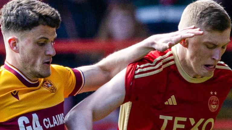 ABERDEEN, SCOTLAND - APRIL 27: Motherwell's Jack Vale and Aberdeen's Jack MacKenzie in action during a cinch Premiership match between Aberdeen and Motherwell at Pittodrie Stadium, on April 27, 2024, in Aberdeen, Scotland. (Photo by Craig Williamson / SNS Group)