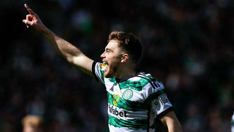 GLASGOW, SCOTLAND - APRIL 20: James Forrest celebrates after scoring to make it 2-1 Celtic during a Scottish Gas Scottish Cup semi-final match between Aberdeen and Celtic at Hampden Park, on April 20, 2024, in Glasgow, Scotland.  (Photo by Craig Williamson / SNS Group)