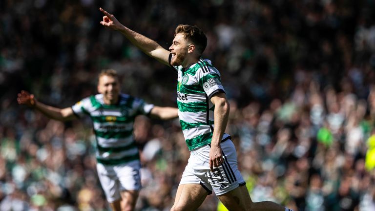GLASGOW, SCOTLAND - APRIL 20: James Forrest celebrates after scoring to make it 2-1 Celtic during a Scottish Gas Scottish Cup semi-final match between Aberdeen and Celtic at Hampden Park, on April 20, 2024, in Glasgow, Scotland.  (Photo by Craig Williamson / SNS Group)