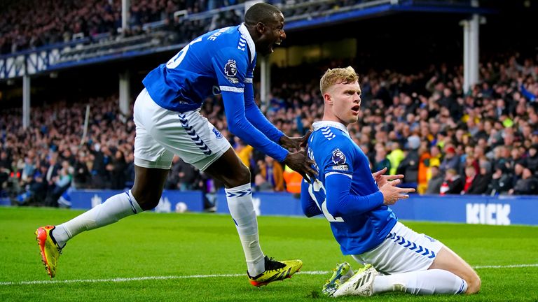 Everton's Jarrad Branthwaite (right) celebrates scoring their side's first goal of the game
