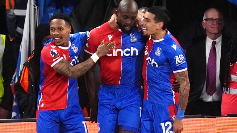 Crystal Palace's Jean-Philippe Mateta (centre) celebrates scoring their side's first goal of the game with team-mates Nathanial Clyne (left) and Daniel Munoz 