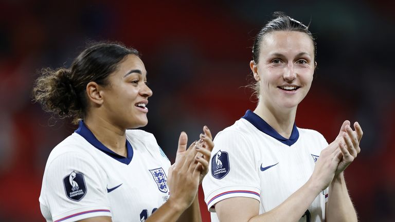 Jess Carter and Lotte Wubben-Moy applaud the fans at Wembely after England's draw with Sweden