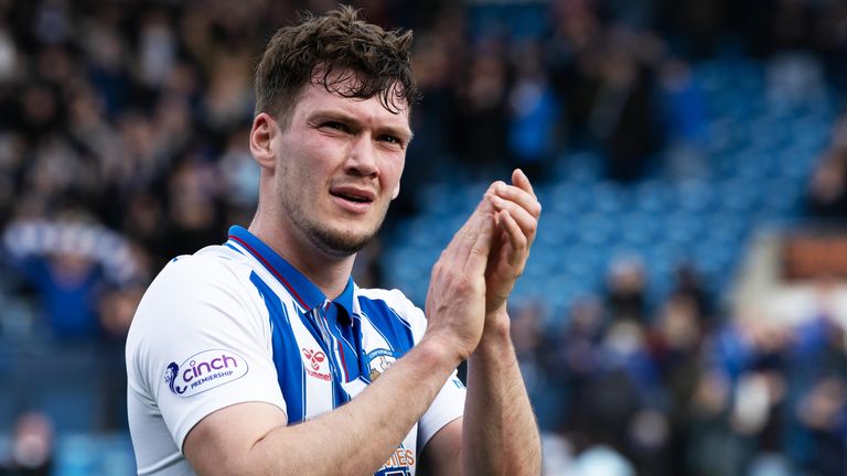 KILMARNOCK, SCOTLAND - APRIL 06: Kilmarnock's Joe Wright at Full Time during a cinch Premiership match between Kilmarnock and Ross County at Rugby Park, on April 06, 2024, in Kilmarnock, Scotland. (Photo by Craig Foy / SNS Group)