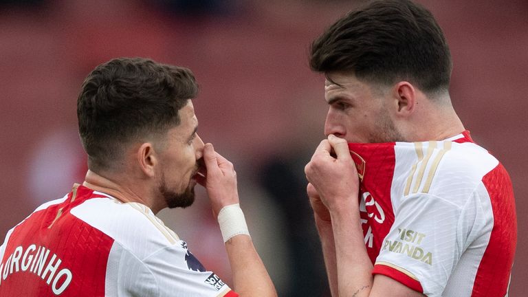 LONDON, ENGLAND - APRIL 14:  Jorginho and Declan Rice of Arsenal raects after losing the Premier League match between Arsenal FC and Aston Villa at Emirates Stadium on April 14, 2024 in London, England. (Photo by Visionhaus/Getty Images)