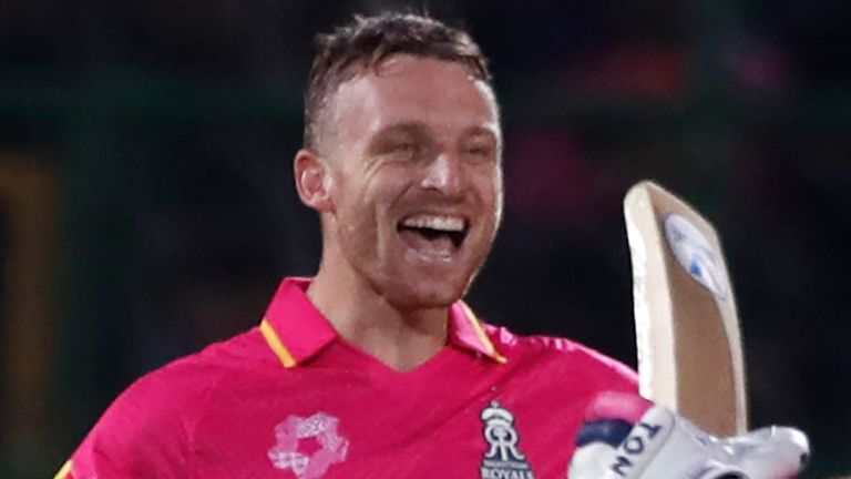Rajasthan Royals&#39; Jos Buttler celebrates his century and a victory over Royal Challengers Bengaluru (Associated Press)