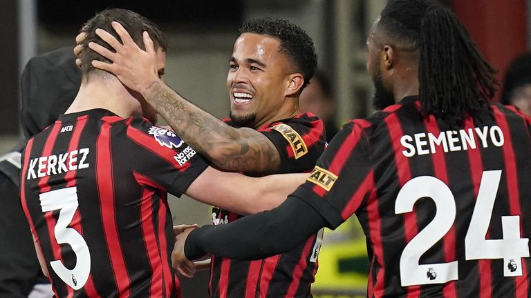 Bournemouth's Justin Kluivert (centre) celebrates with team-mates after scoring the opening goal of the game