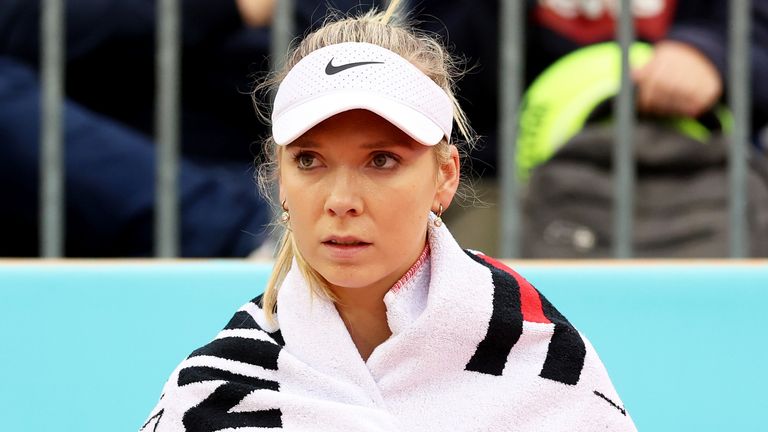 Katie Boulter of Great Britain shows her dejectio against Robin Montgomery of the United States during their 2nd Round match on Day Four of the Mutua Madrid Open at La Caja Magica on April 25, 2024 in Madrid, Spain. (Photo by Clive Brunskill/Getty Images)
