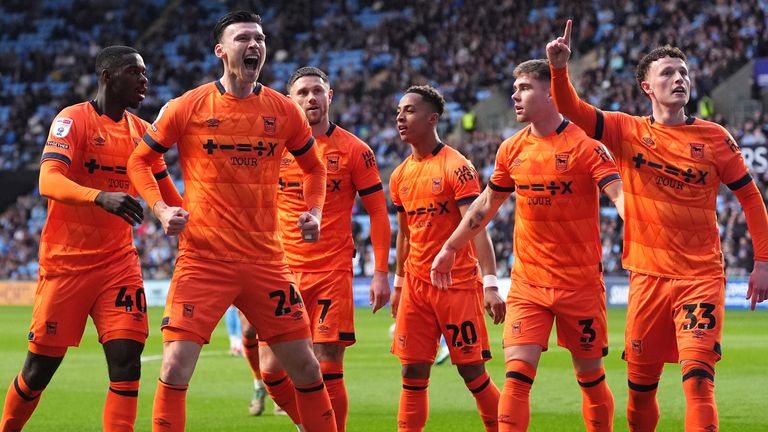 Ipswich's Kieffer Moore (second left) celebrates with team-mates after scoring against Coventry