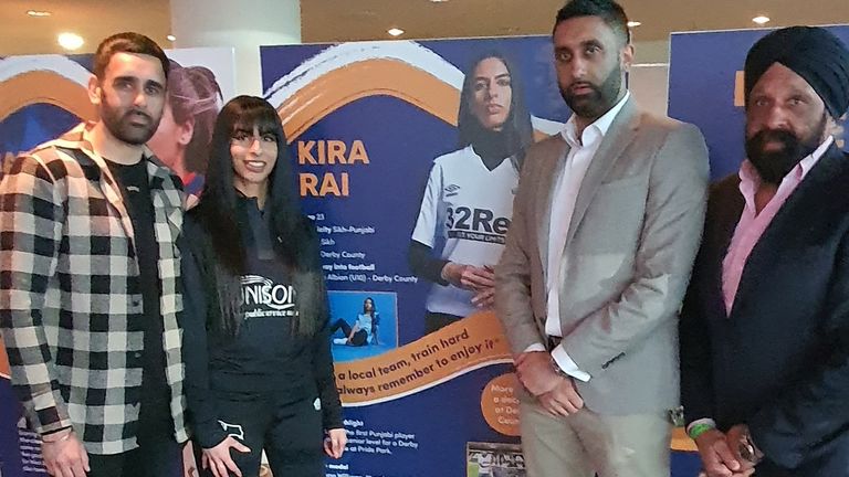English football's first turbaned referee Jarnail Singh and his sons Sunny and Bhupinder join Kira Rai at Wembley Stadium to celebrate the launch of the first timeline and exhibition of South Asian heritage female players in the modern English game (Photo: Dev Trehan)