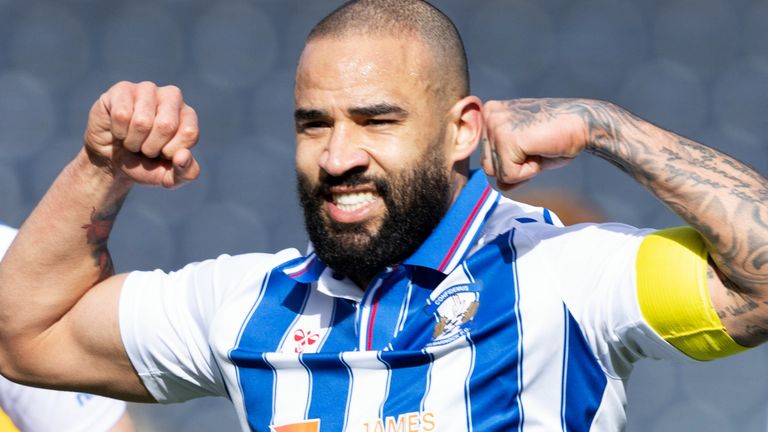 KILMARNOCK, SCOTLAND - APRIL 06: Kyle Vassell celebrates after scoring to make it 1-0 Kilmarnock  during a cinch Premiership match between Kilmarnock and Ross County at Rugby Park, on April 06, 2024, in Kilmarnock, Scotland. (Photo by Craig Foy / SNS Group)
