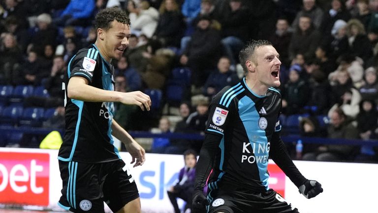 Jamie Vardy celebrates giving Leicester the lead at Preston