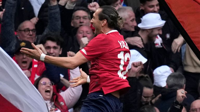 Lille's Yusuf Yazici celebrates after scoring against Aston Villa during the Europa Conference League quarter final second leg soccer match between Lille and Aston Villa at the Pierre Mauroy stadium in Villeneuve d'Ascq, northern France, Thursday, April 18, 2024. (AP Photo/Christophe Ena)